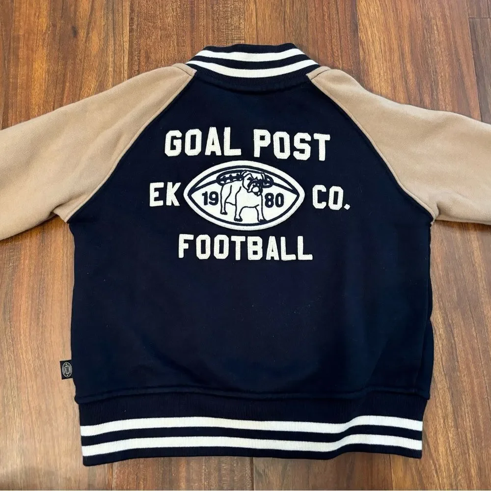 E Land navy/tan bomber varsity football jacket